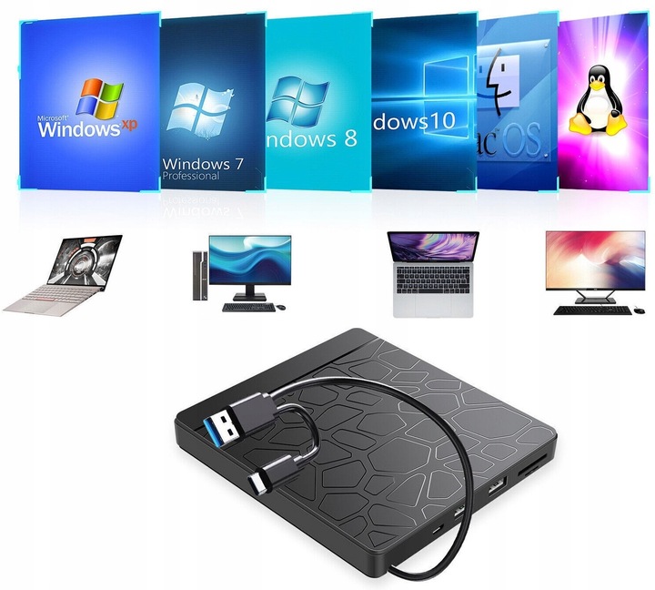 Zewnętrzna nagrywarka napęd na płyty CD DVD Hub SD TF USB 3.0 do laptopa