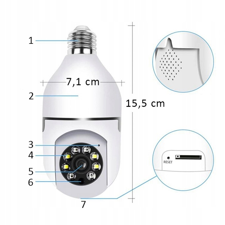 Kamera Obrotowa Panoramiczna 360 Zamiast Żarówki Nagrywanie Nocne Wi-FI IP