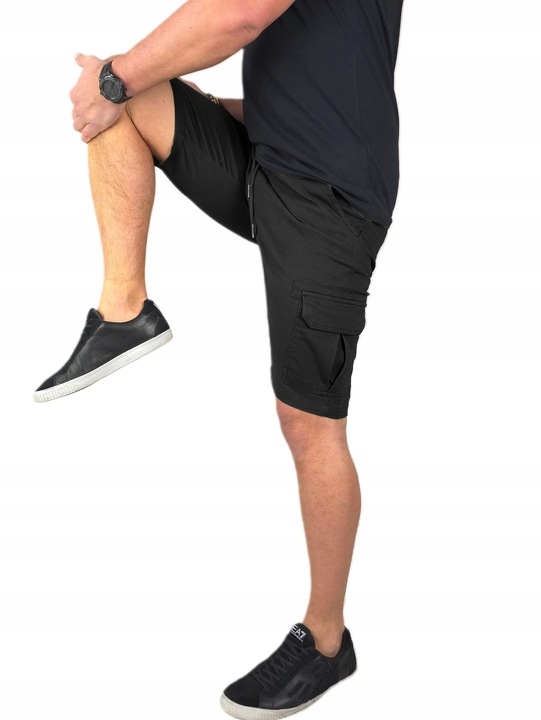 SPODENKI męskie JEANSOWE BOJÓWKI krótkie spodnie PAS z GUMKĄ Czarne r. L