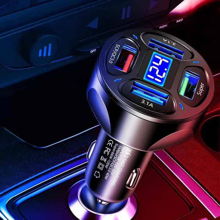 MOCNA SZYBKA ŁADOWARKA SAMOCHODOWA 4x USB PD QC 3.0 66W DO TELEFONU DO AUTA