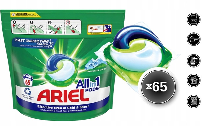 KAPSUŁKI DO PRANIA BIAŁEGO ARIEL MOUNTAIN SPRING ALLIN1 PODS 65 PRAŃ
