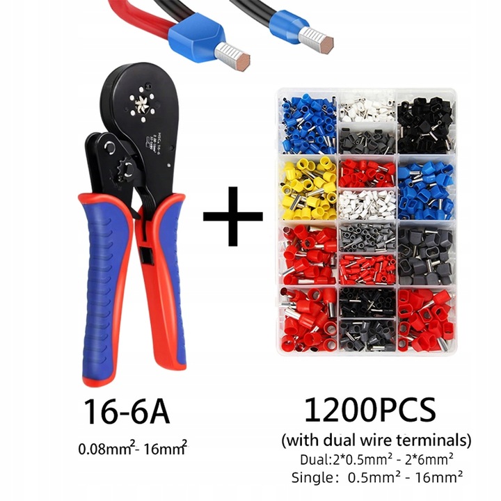 Szczypce zaciskowe 0.08-16mm² sześciokątne z 1200 sztuk zacisków