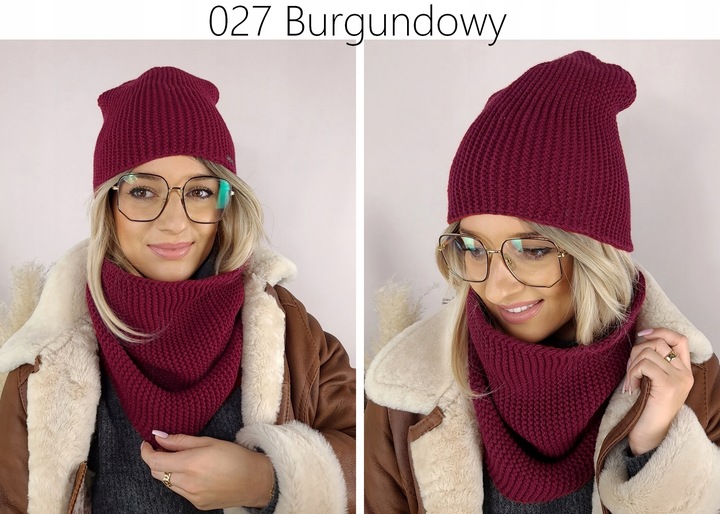 CIEPŁY KOMPLET CZAPKA + KOMIN damski POLSKI zimowy szal CIEMNA