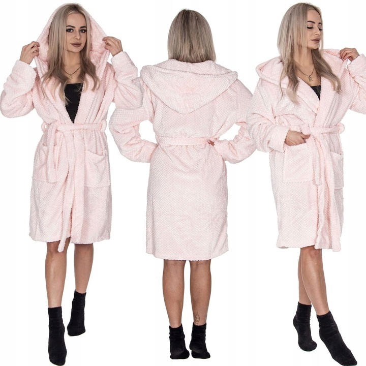 SZLAFROK DAMSKI CIEPŁY Z KAPTUREM R.S/M WIĄZANY W TALII GRUBY DŁUGI MIĘKKI