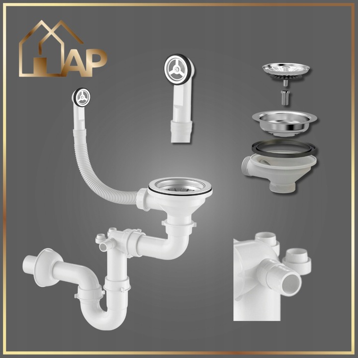 SYFON PRZYŚCIENNY do Zlewu Odpływ CHROM Jednokomorowy z Przelewem