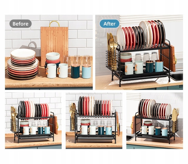 SUSZARKA DO NACZYŃ DWUPOZIOMOWA OCIEKACZ TALERZE SZTUĆCE + UCHWYT NA