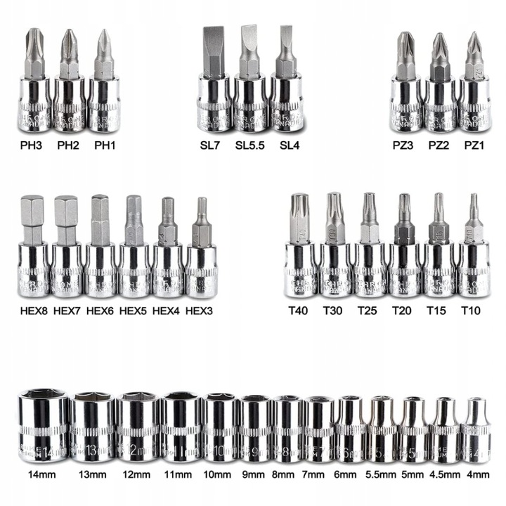 ZESTAW KLUCZY NASADOWYCH KLUCZE NASADOWE 46el TORX WKRĘTAKI IMBUSY