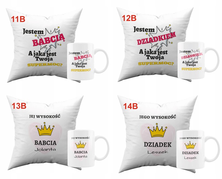 PREZENT NA DZIEŃ BABCI I DZIADKA ZESTAW PODUSZEK KUBKÓW 2SZT.