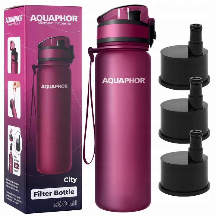 Butelka Filtr Bidon AQUAPHOR CITY 500ml Bordowy Zestaw 3 wkłady