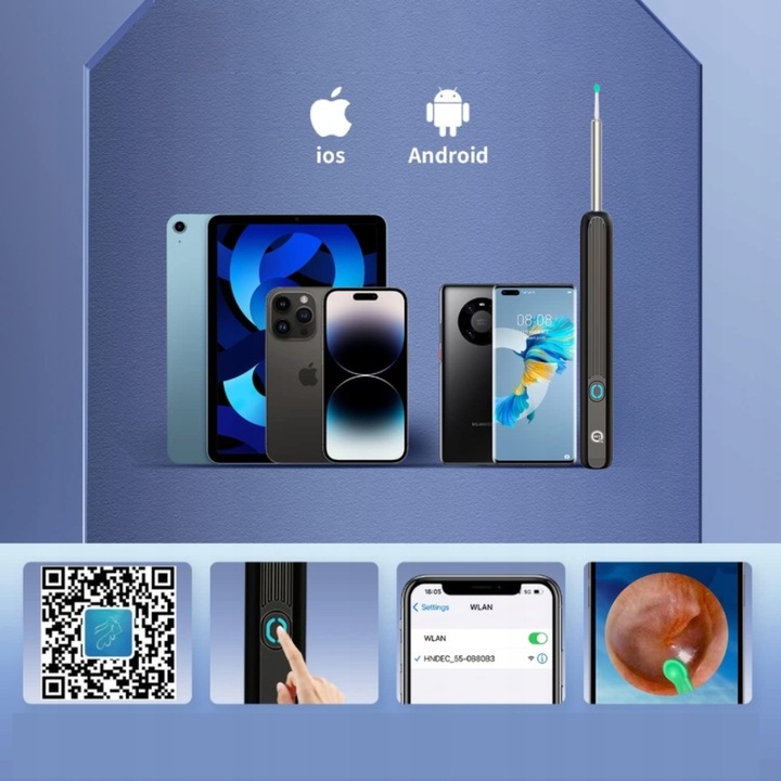 SMART OTOSKOP KAMERA CZYSZCZENIE USZU WOSK WIFI HD APLIKACJA ENDOSKOP