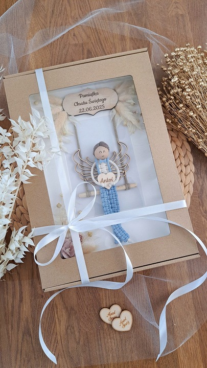 MAKRAMA RAMKA ANIOŁ PREZENT PAMIĄTKA CHRZTU ŚWIĘTEGO KOMUNII ŚWIĘTEJ