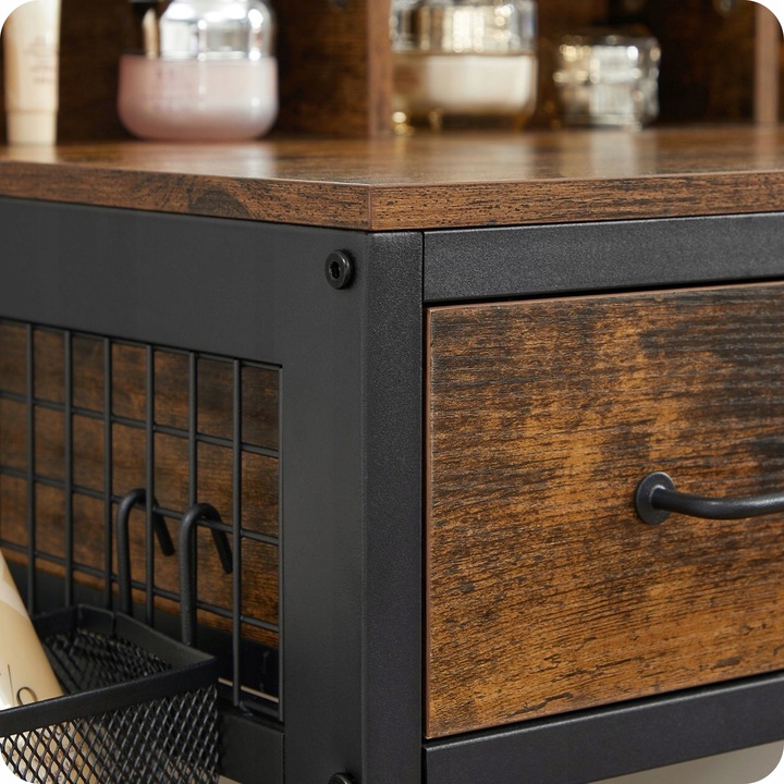 Toaletka z Lustrem Rustykalna Szuflady Taboret Zestaw Ciemny Brąz