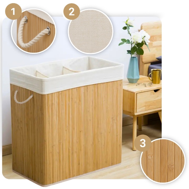 Kosz na pranie składany bambusowy pojemnik brudną bieliznę duży 3