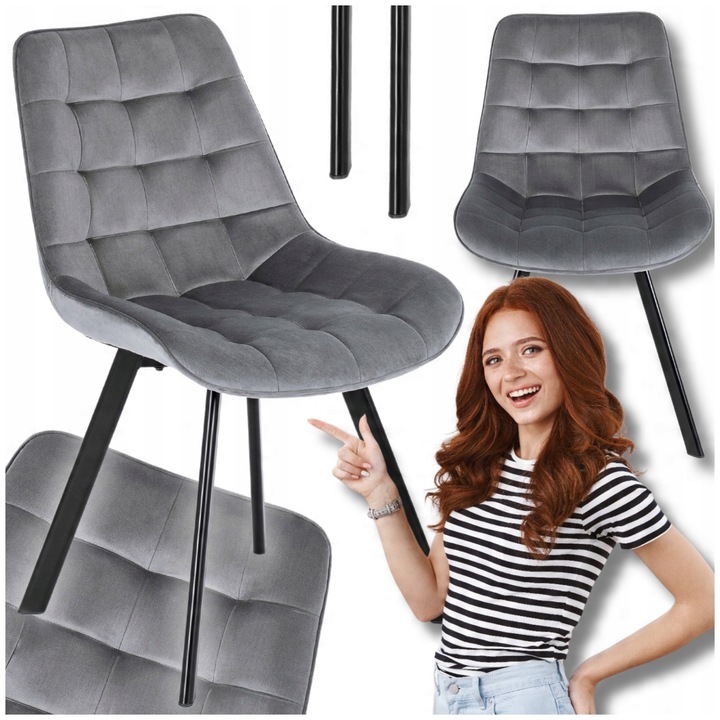 Krzesło Tapicerowane Welurowe Do Jadalni Salonu Loft Pikowane Szare
