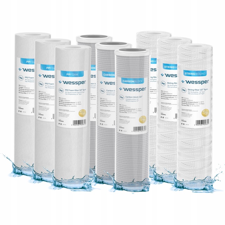 Filtr do wody wkład węglowy sznurkowy piankowy 10" 5 mikron PP5 9 szt