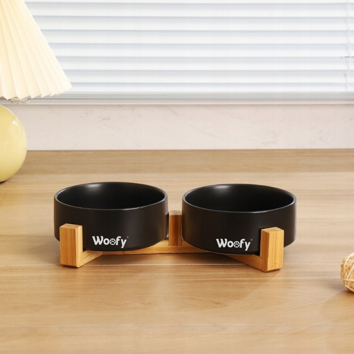 MISKA PODWÓJNA CERAMICZNA NA STOJAKU DLA PSA KOTA MISKI WOOFY 2x 400ml