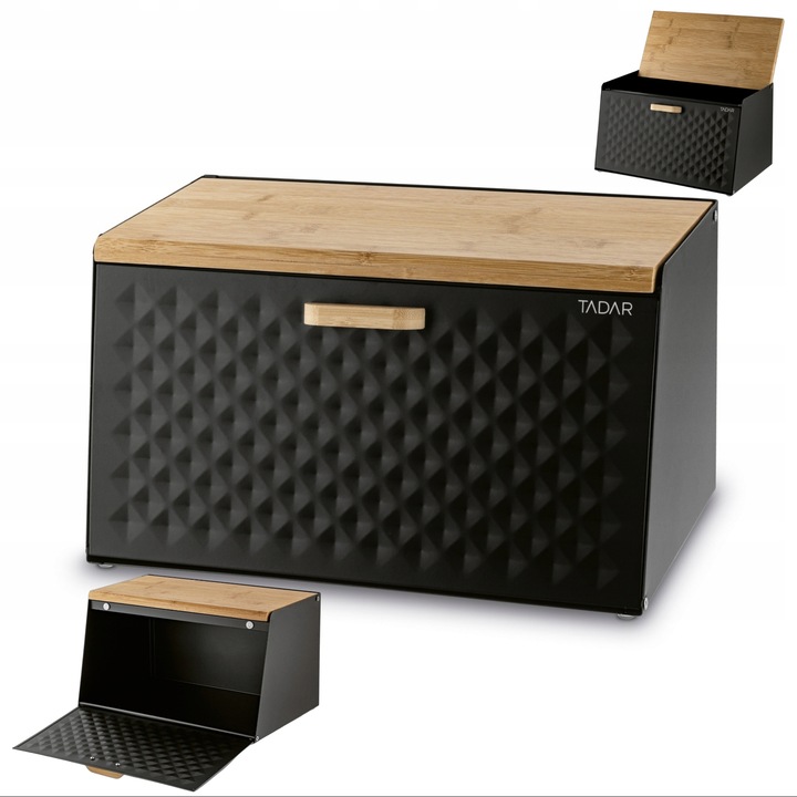 Elegancki CHLEBAK CZARNY metalowy pojemnik na chleb pieczywo Geometric