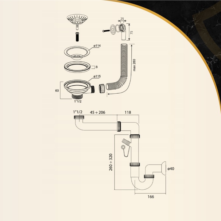 SYFON MANUALNY JEDNOKOMOROWY ZLEWOZMYWAKOWY KUCHENNY ANTYPRZELEWOWY
