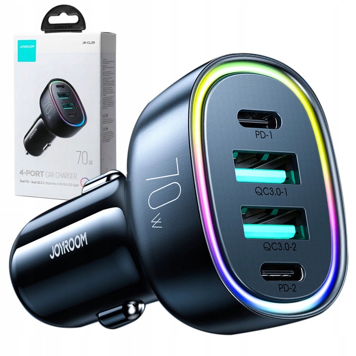 SZYBKA ŁADOWARKA SAMOCHODOWA 70W 4 PORTY 2xUSB 2xUSB-C PD QC 3.0