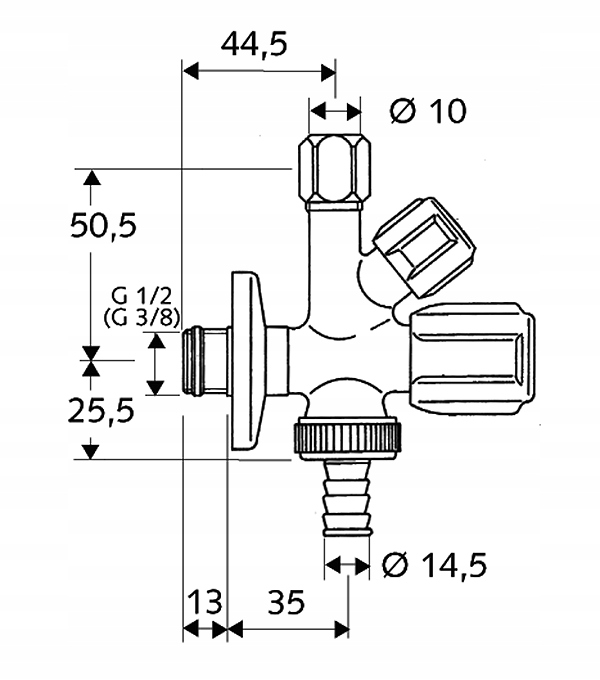 ZAWÓR KĄTOWY KOMBINOWANY 1/2"x3/4"x3/8 ZMYWARKA PRALKA KRAN BATERIA SCHELL