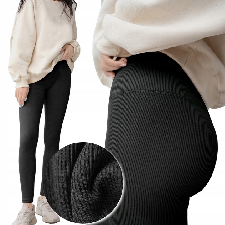LEGGINSY BAMBUSOWE PRĄŻKOWANE DŁUGIE WYSOKI STAN getry CZARNE KRYJĄCE - S/M