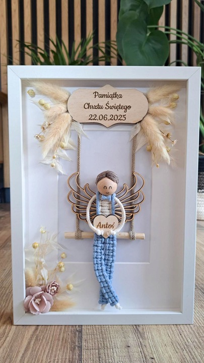MAKRAMA RAMKA ANIOŁ PREZENT PAMIĄTKA CHRZTU ŚWIĘTEGO KOMUNII ŚWIĘTEJ