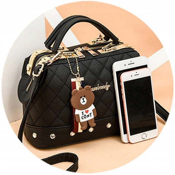 CZARNA TOREBKA Ramię Klasyczna PIKOWANA MIŚ Złote Dodatki Kuferek