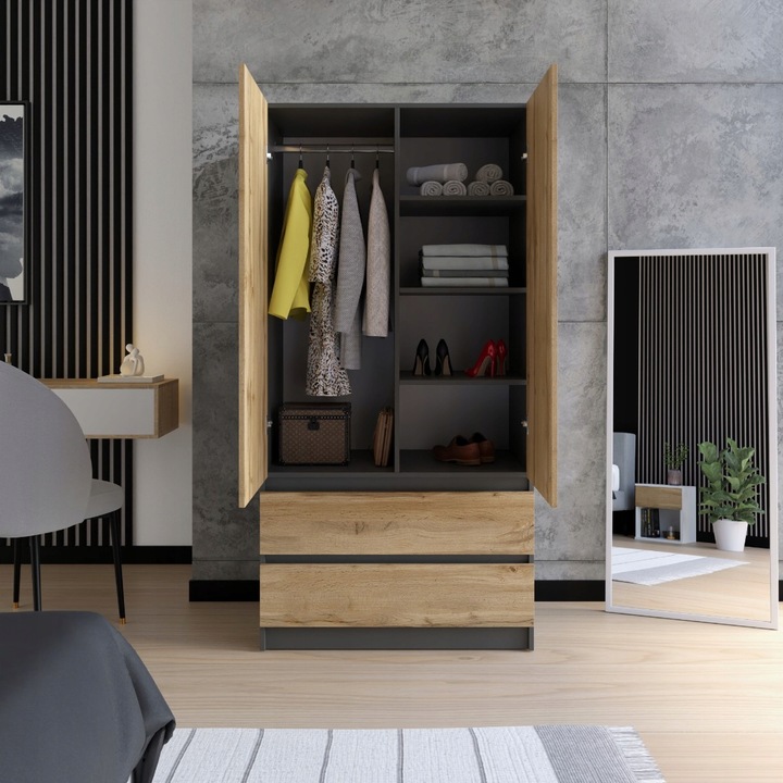 SZAFA ANTRACYT DĄB WOTAN GARDEROBA DUŻA NA UBRANIA OTWIERANA SZUFLADY