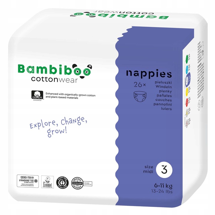 PIELUSZKI BAMBIBOO PIELUCHY COTTONWEAR r. 3 MIDI Jednorazowe 6-11kg 26szt.