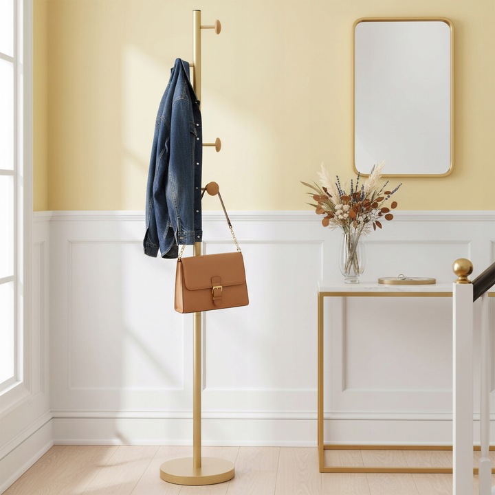 WIESZAK STOJĄCY STOJAK PODŁOGOWY NA UBRANIA KURTKI METALOWY ZŁOTY