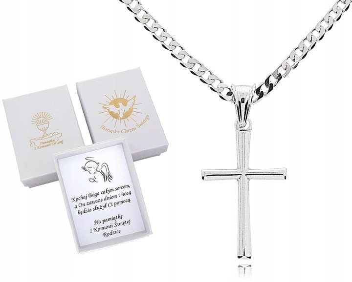 SREBRNY ŁAŃCUSZEK KOMUNIJNY PANCERKA 45CM+ KRZYŻ