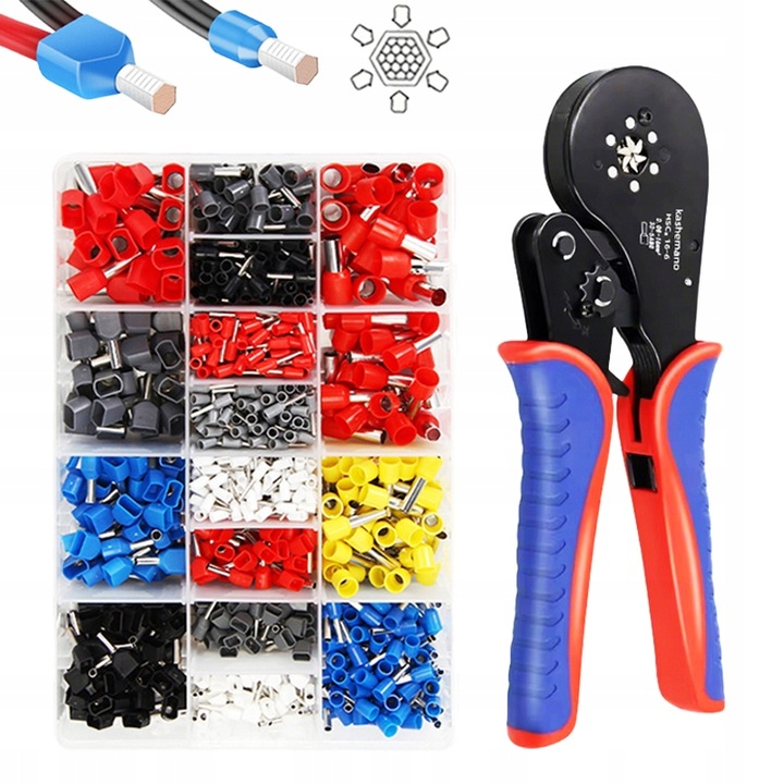 Szczypce zaciskowe 0.08-16mm² sześciokątne z 1200 sztuk zacisków