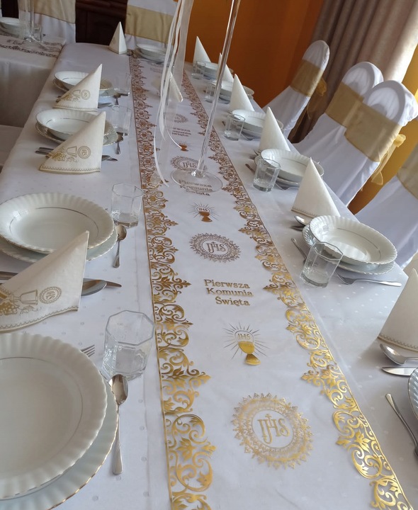 BIEŻNIK KOMUNIJNY ZŁOTY OBRUS NA STÓŁ KOMUNIA DEKORACJA INSPIRACJA