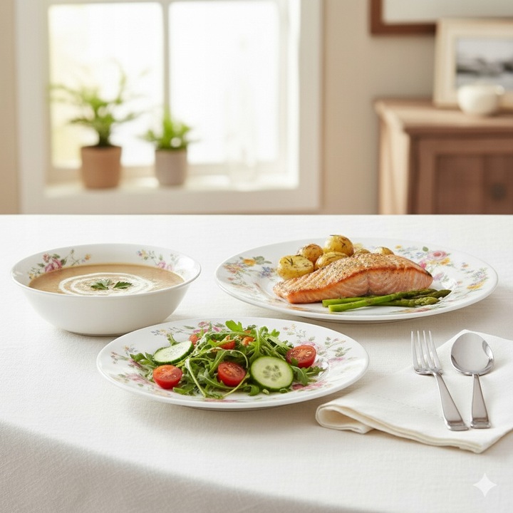 KOMPLET ZESTAW SERWIS OBIADOWY TALERZE 18el 6 OSÓB wzór kwiaty NA PREZENT