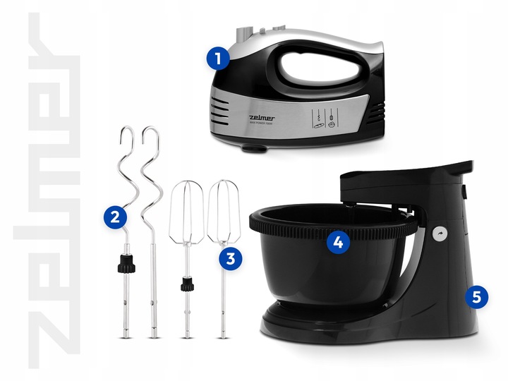 MIKSER RĘCZNY ZELMER LEKKI ROBOT KUCHENNY Z MISĄ 2,5L 4 KOŃCÓWKI TURBO