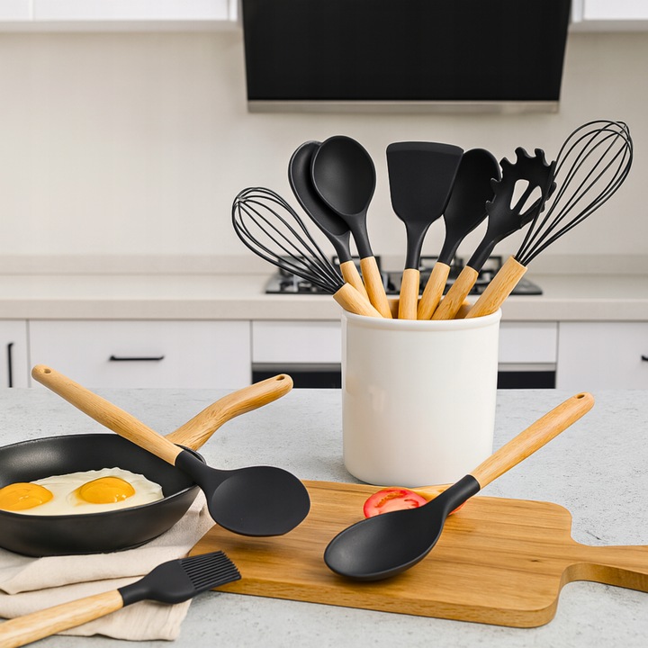 PRZYBORY KUCHENNE SILIKONOWE 12el czarne ZESTAW PRZYBORÓW KUCHENNYCH
