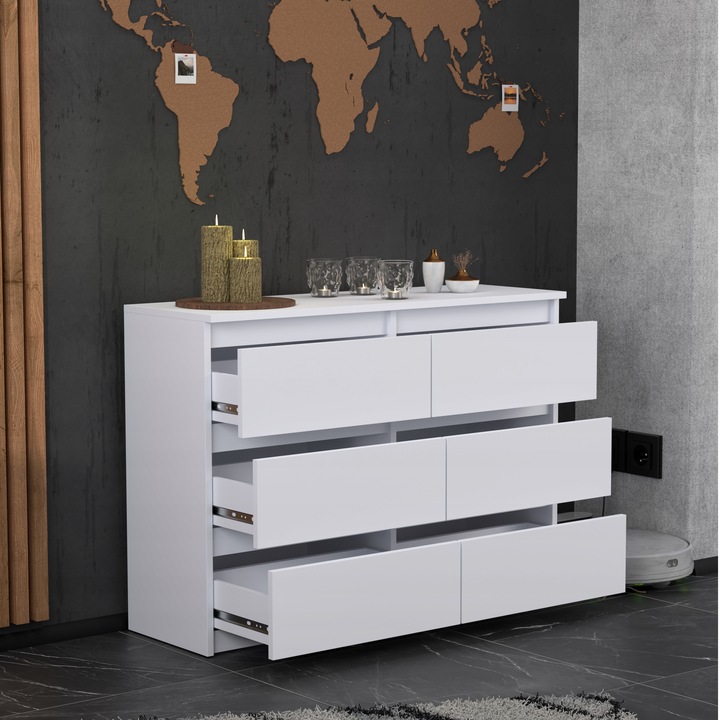 KOMODA BIAŁA z 6 SZUFLADAMI 100 CM POJEMNA NOWOCZESNA SZAFKA DO SALONU