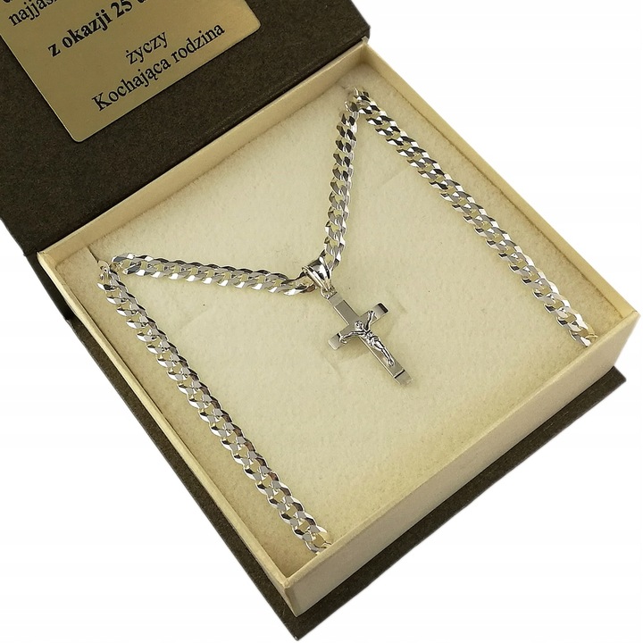 SREBRNY ŁAŃCUSZEK MĘSKI NASZYJNIK PANCERKA SREBRO 925 Z KRZYŻYKIEM GRAWER