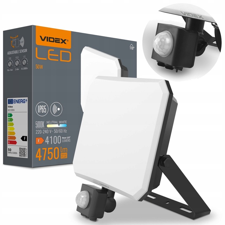 Lampa z Czujnikiem Ruchu 50W Naświetlacz Halogen LED Videx 4750lm IP65