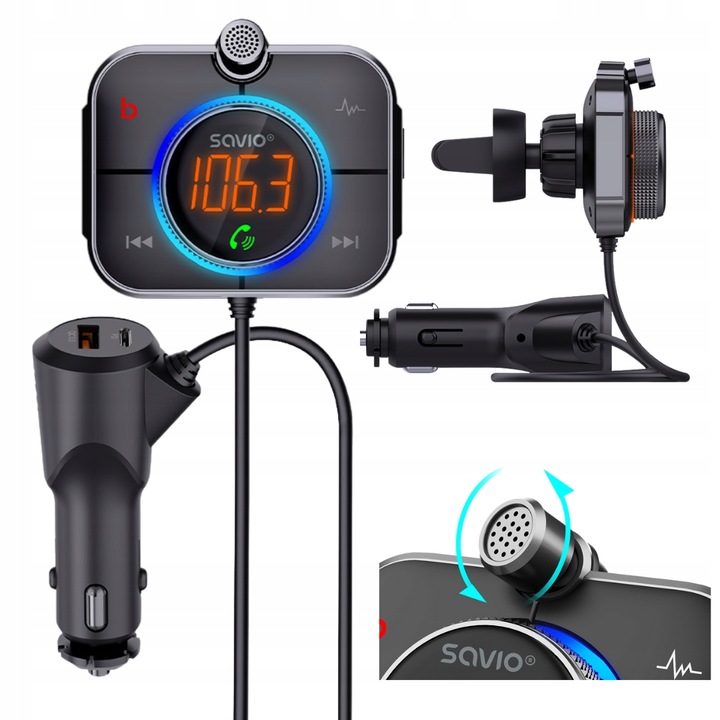 Transmiter FM Bluetooth Ładowarka USB QC SAVIO TR-14 Zestaw