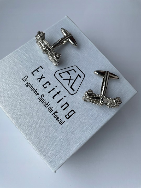 Spinki do mankietów EXC Bolid Wyścigówka Formuła 1 Gokart Srebrna Strzała