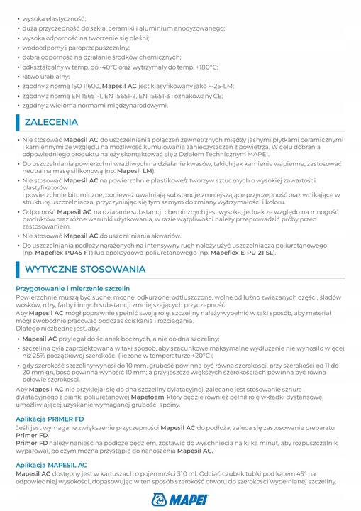 Silikon sanitarny Mapesil AC Mapei kolor 100 biały 310 ml