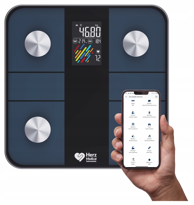 WAGA ŁAZIENKOWA ANALITYCZNA ELEKTRONICZNA BMI TŁUSZCZ TĘTNO APLIKACJA