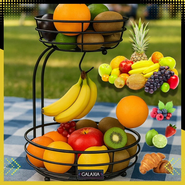 KOSZ NA OWOCE I WARZYWA Koszyk Stojak Piętrowy Czarny Dwupoziomowy