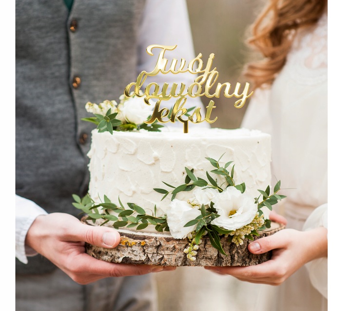 Złota dekoracja na tort topper Ślub Urodziny Chrzest Komunia imię napis