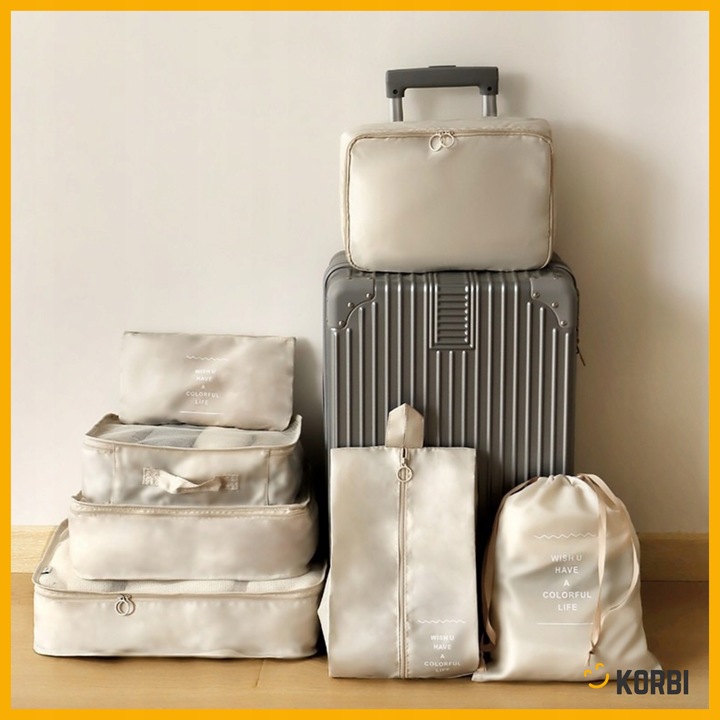 ZESTAW ORGANIZERÓW ORGANIZER PODRÓŻNY WALIZKI SZAFY UBRAŃ KOMPLET 8szt BEŻ