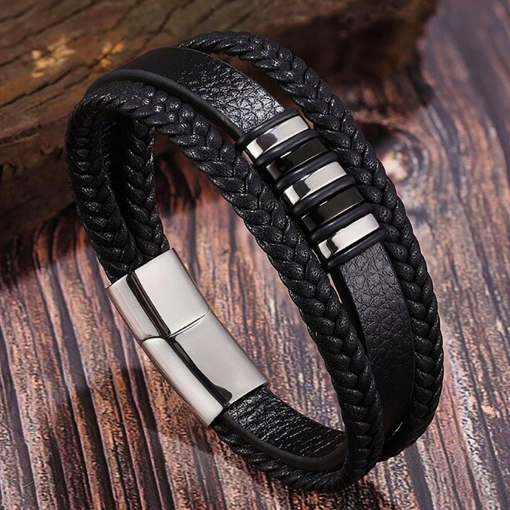 BRANSOLETKA MĘSKA SKÓRZANA CZARNA MOCNA NA PREZENT REGULOWANA PREMIUM LOVLY