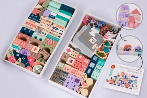 DREWNIANE KLOCKI ZESTAW DROGA MIASTO AUTA 115 ELEMENTÓW MATA PUZZLE