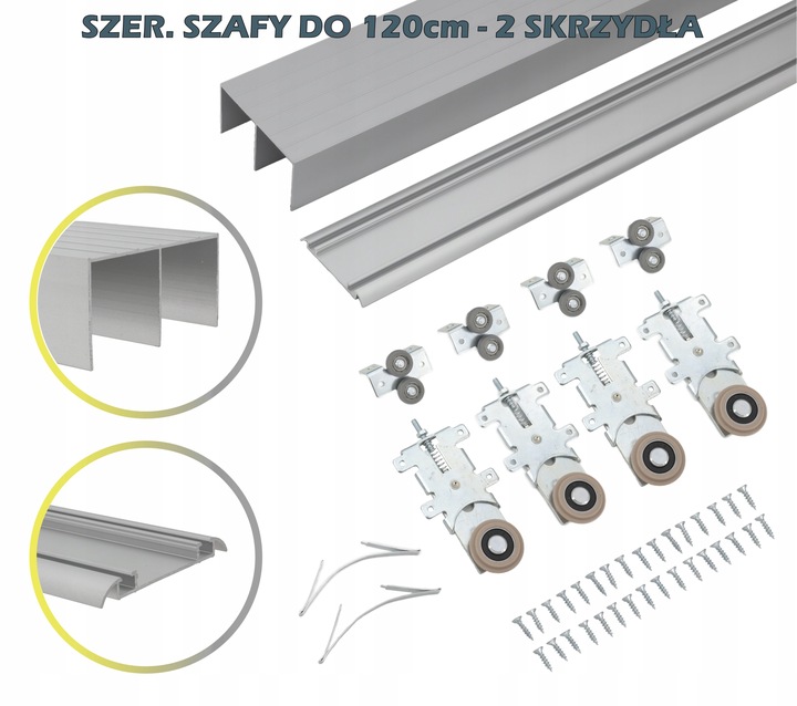 system szaf przesuwnych RAM V 120cm 2 drzwi SREBRNY kółka wózki
