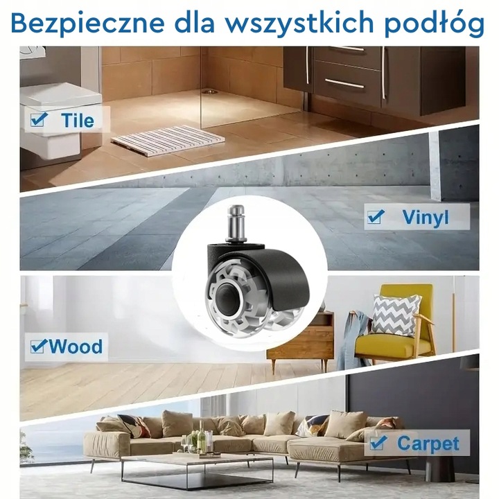 Zestaw 5 Kółek PU fi 11 ciche łożyska grube opony podłogi bez